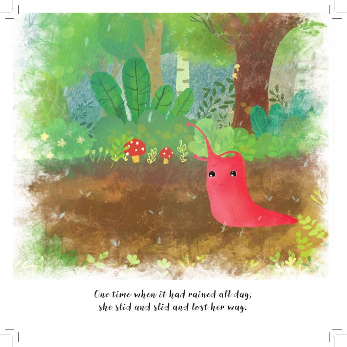 Susie Slug sliding through a colourful woodland after the rain